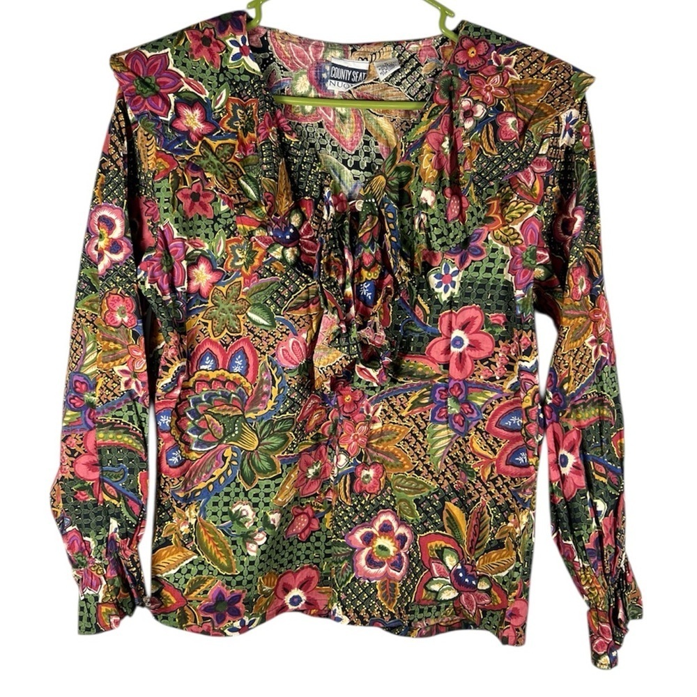 County Seat Vintage Floral Ruffle Neck Blouse Medium